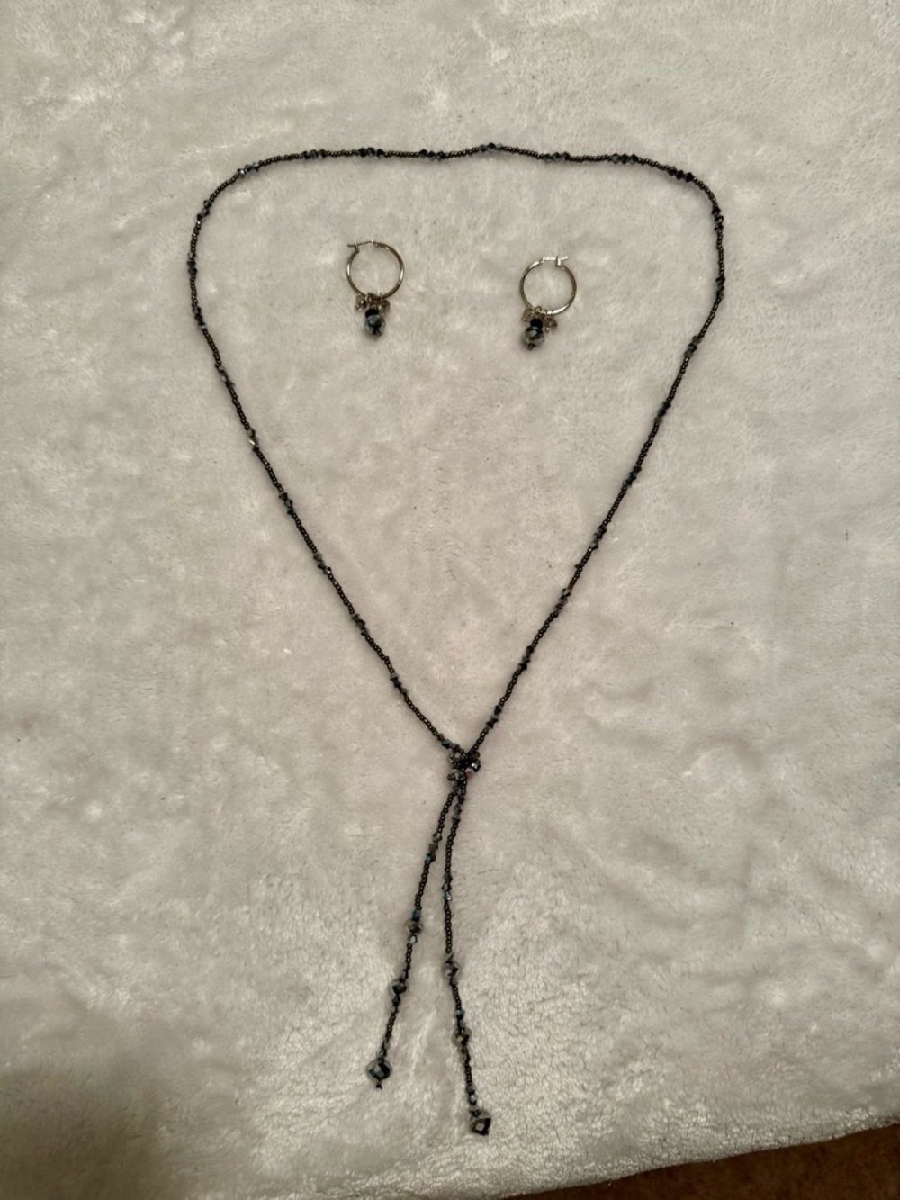 Delicate Silver Beaded Lariat Necklace with Matching Hoop Earrings